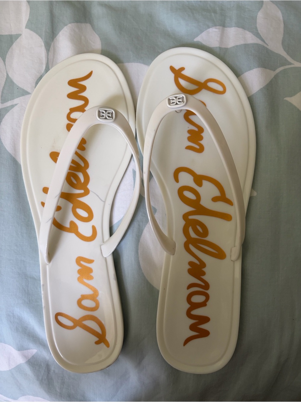 Sam Edelman White Flip Flop Sandals with Gold Script